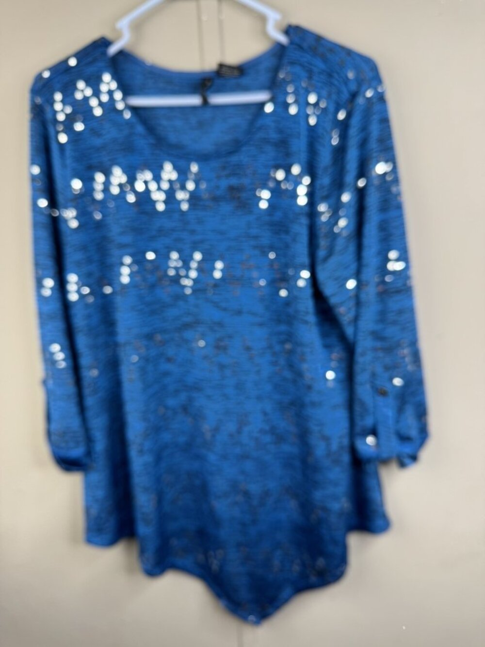 New Directions Size L Women Tunic Top Scoop Neck Blue 3/4 Sleeve Sequin Embelish